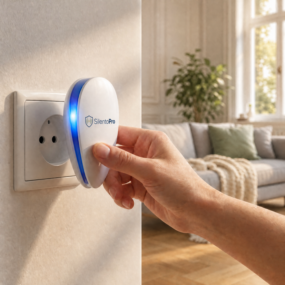 SilentoPro branché sur une prise, la LED bleue allumée